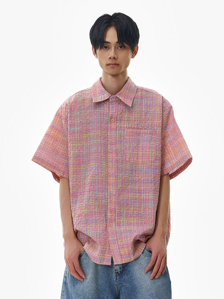 Plaid Short Sleeve Cuban Collar Shirt
