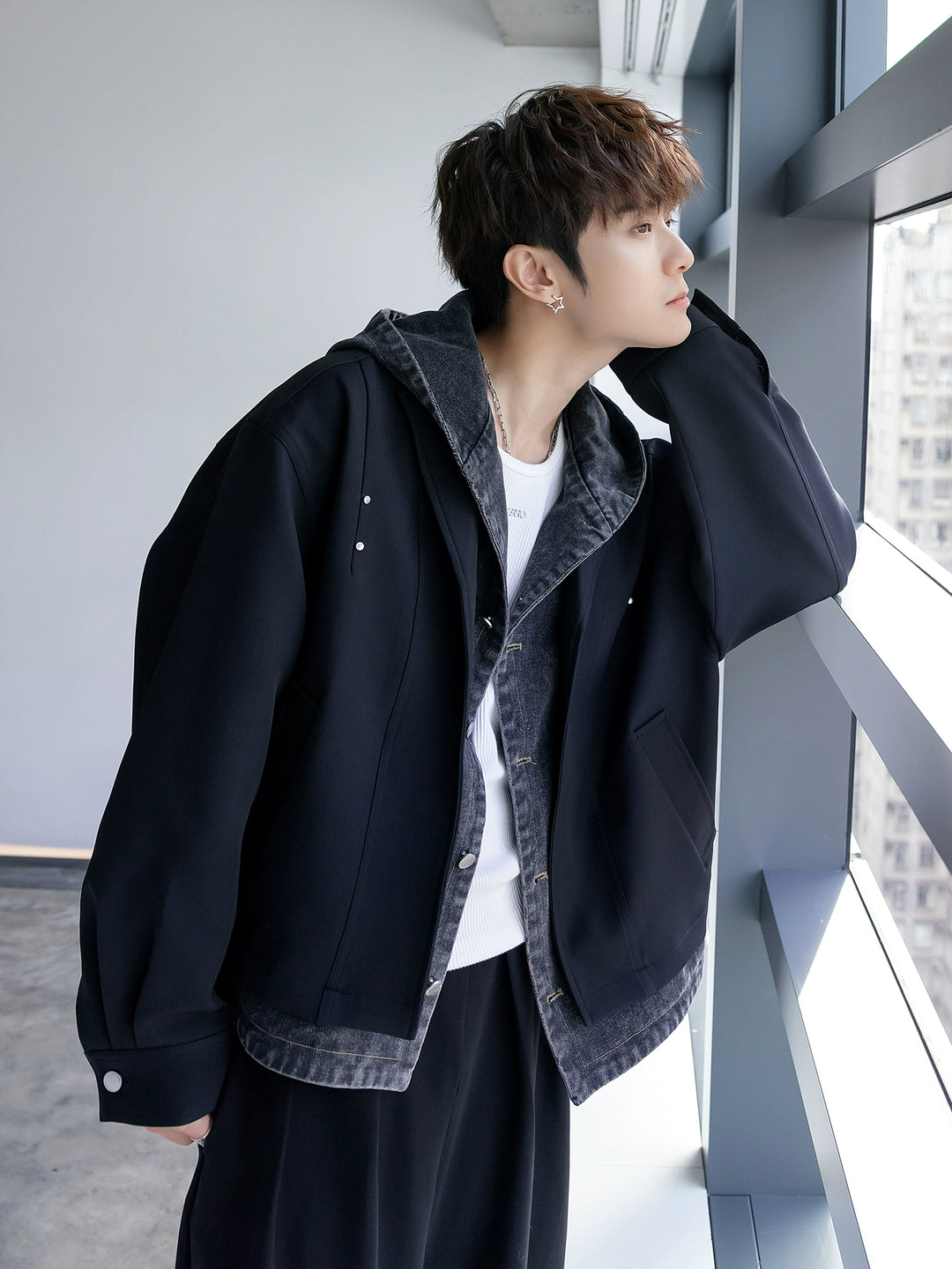 Spliced Denim Hooded Jacket