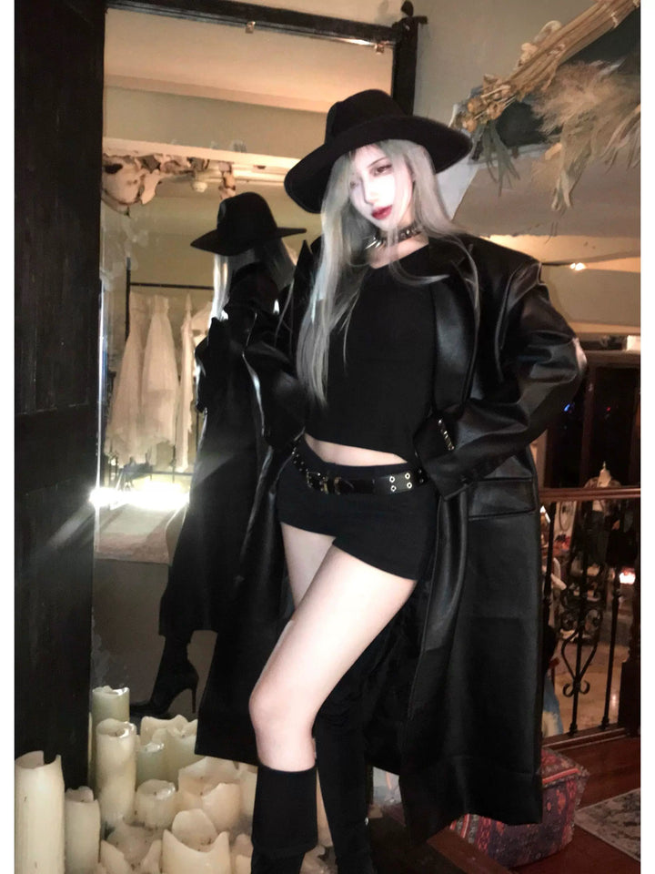 Long PU Leather Shoulder Pad Overcoat