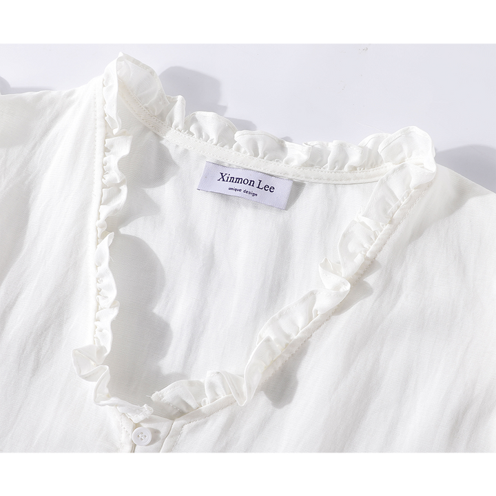 V-Neck Ruffle Sleeveless Button Shirt