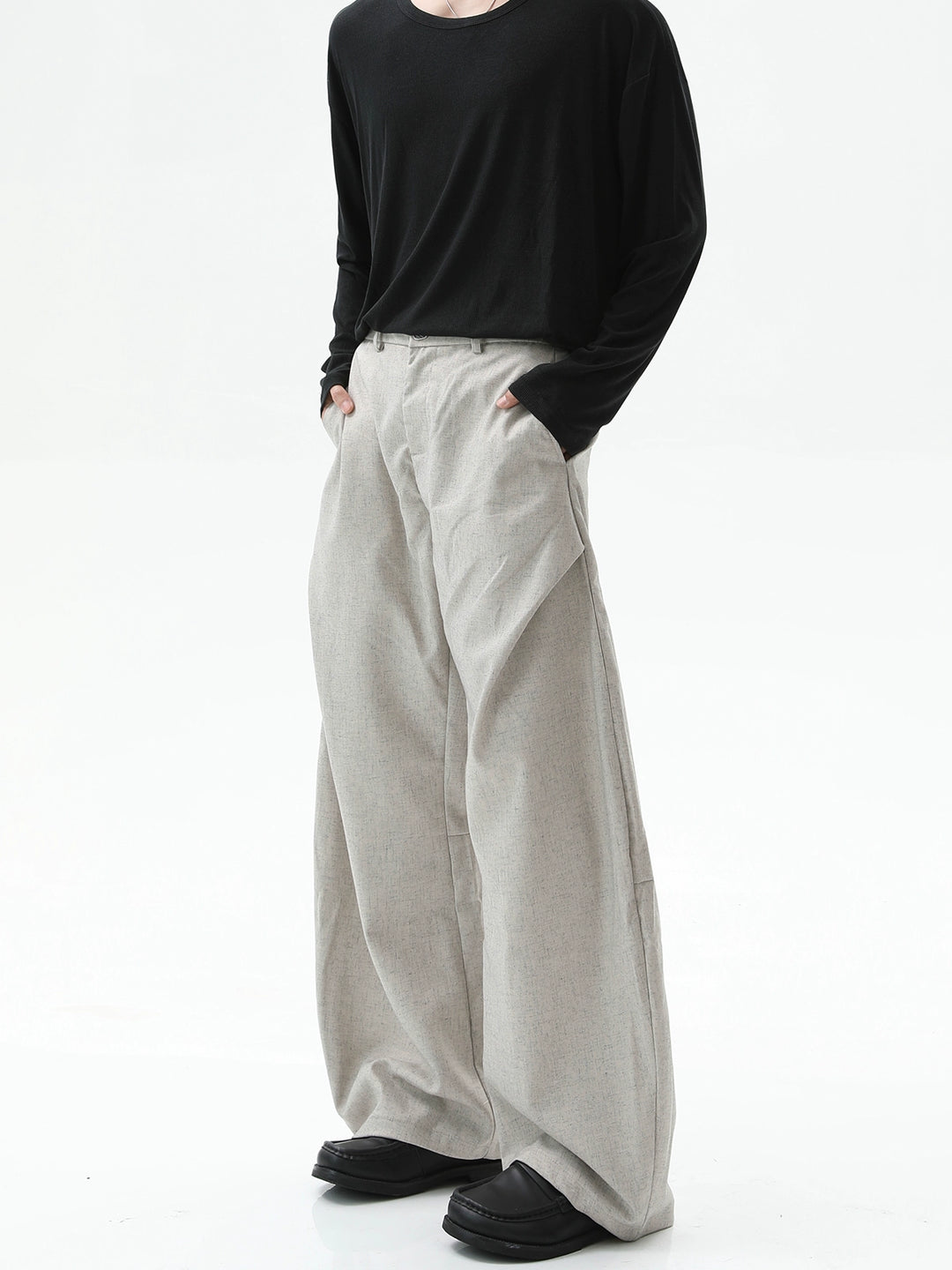 Pantalones casuales de lino con pliegues y pierna ancha