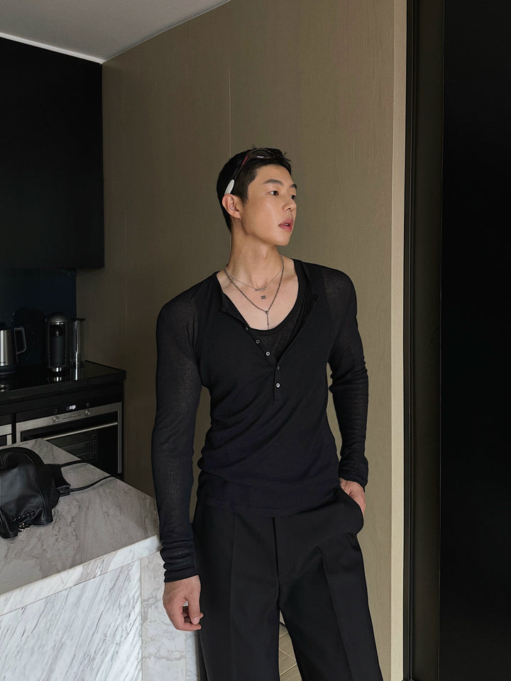 Slim Fit V-Neck Long Sleeve Polo Shirt