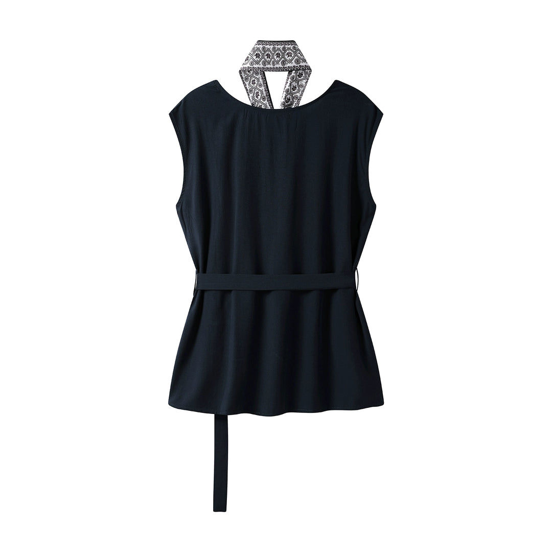 Sleeveless Belted Vest Shirt with Scarf