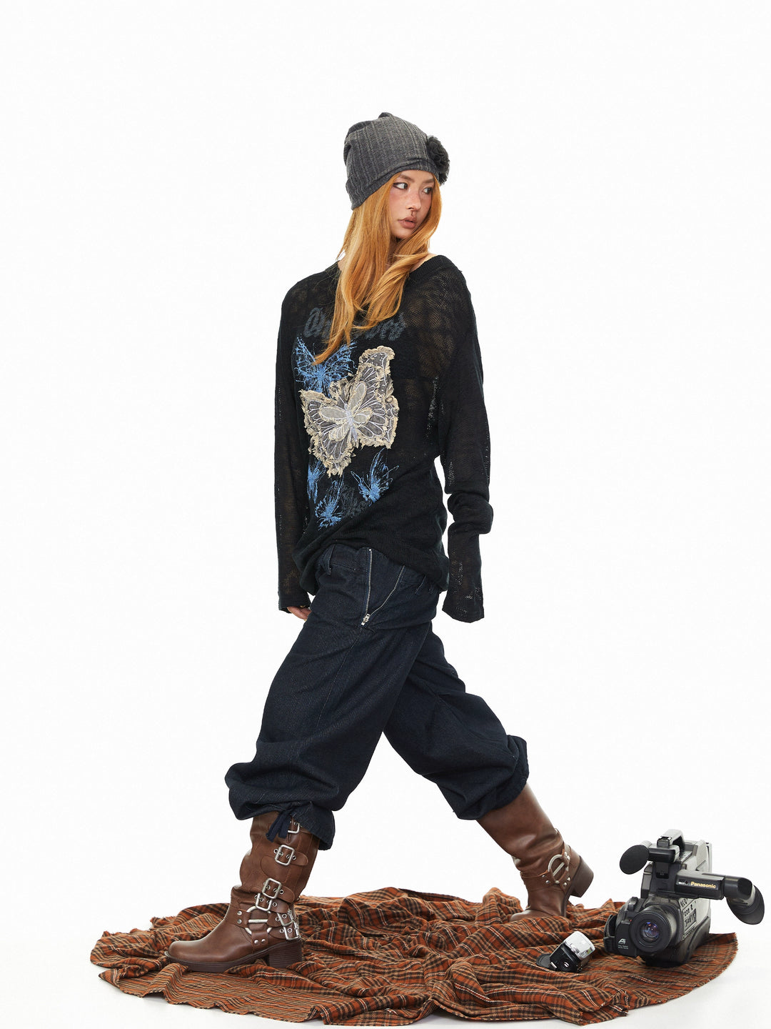 Butterfly Embroidery Sheer Long Sleeve Pullover