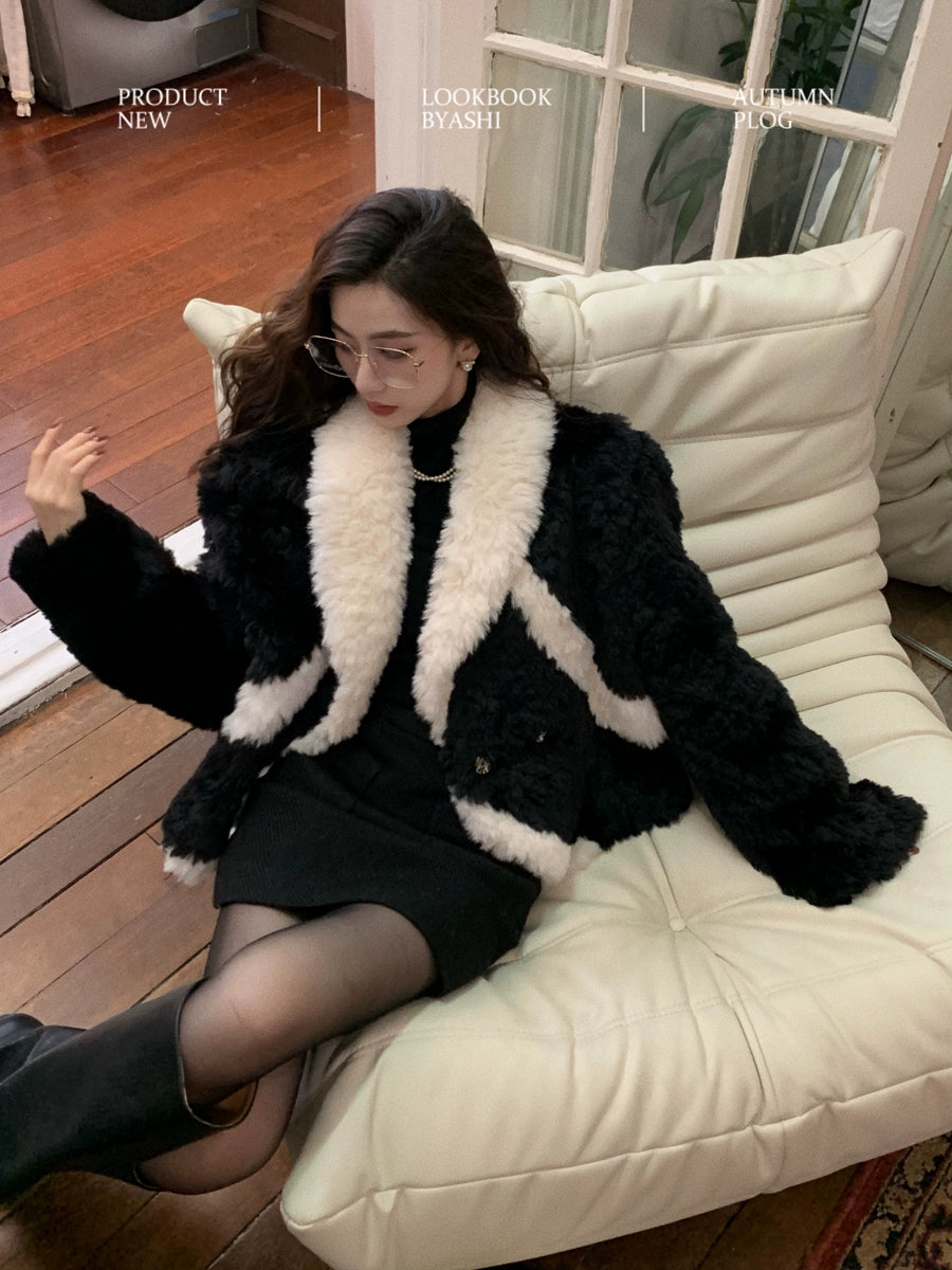 V-Neck Contrast Faux Fur Winter Coat