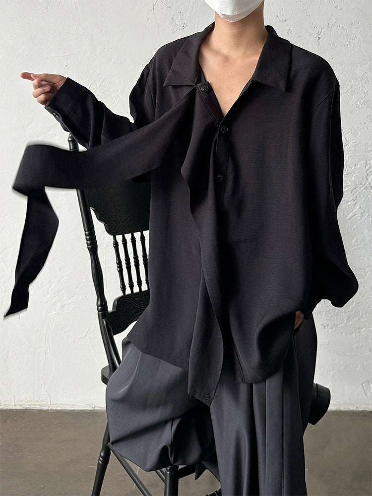 Linen Long-Sleeved Ribbon Shirt