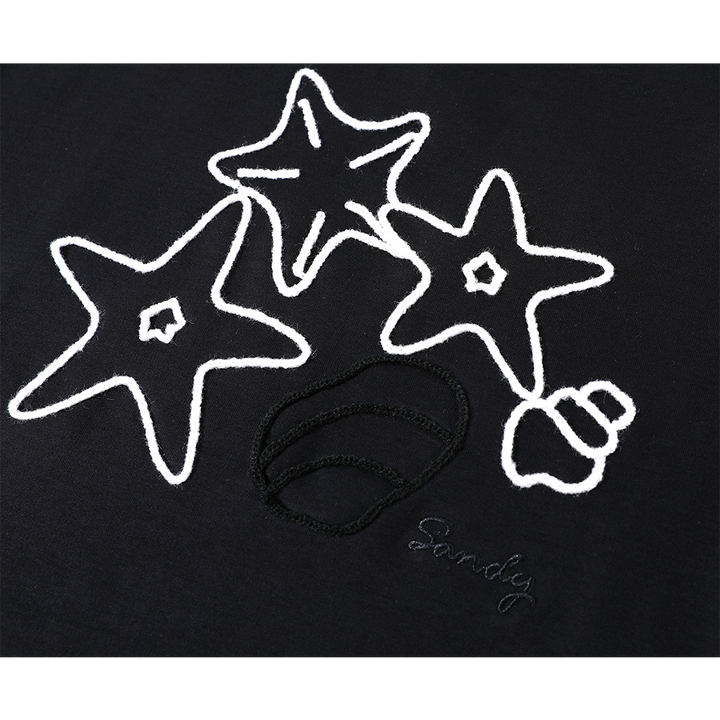 Embroidered Starfish Off-Shoulder Belted T-Shirt