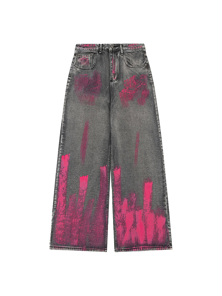 Graffiti Drape Bred-Leg Jeans Bukser