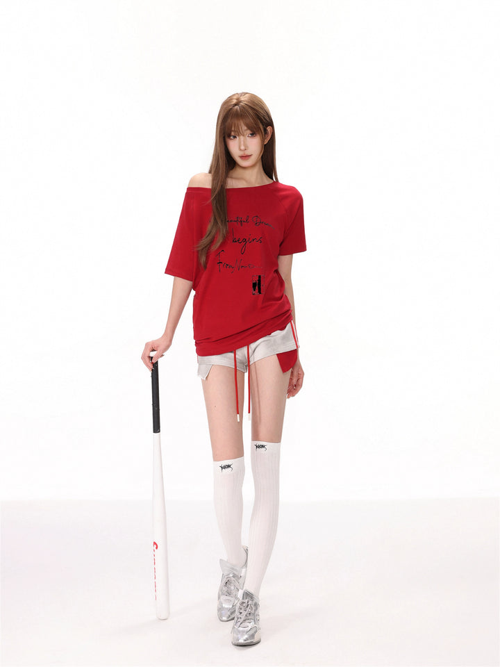 Oblique Shoulder Printed Short Sleeve Top