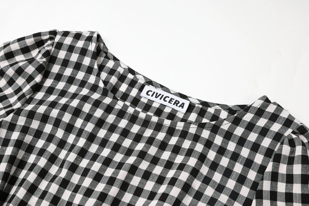 فستان ميدي قصير الأكمام بتصميم A-line مخطط