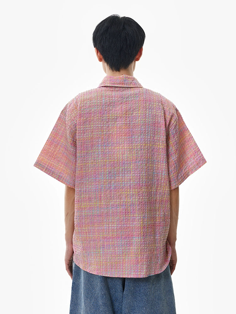 Plaid Short Sleeve Cuban Collar Shirt