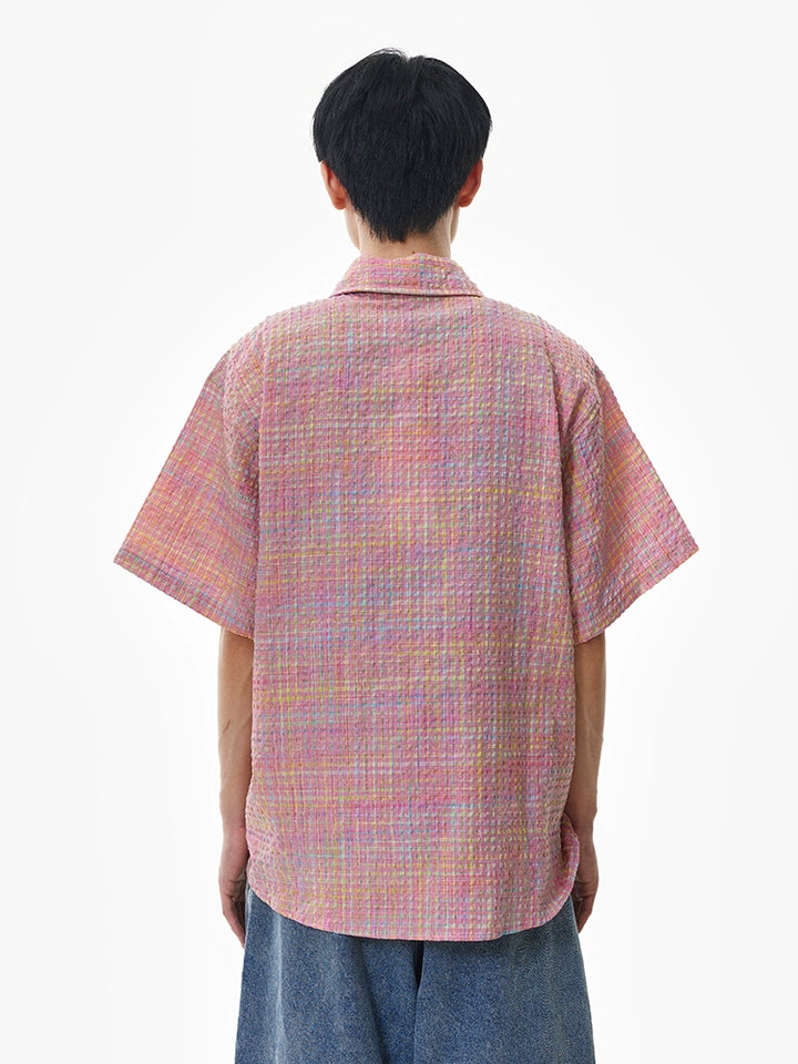 Plaid Short Sleeve Cuban Collar Shirt