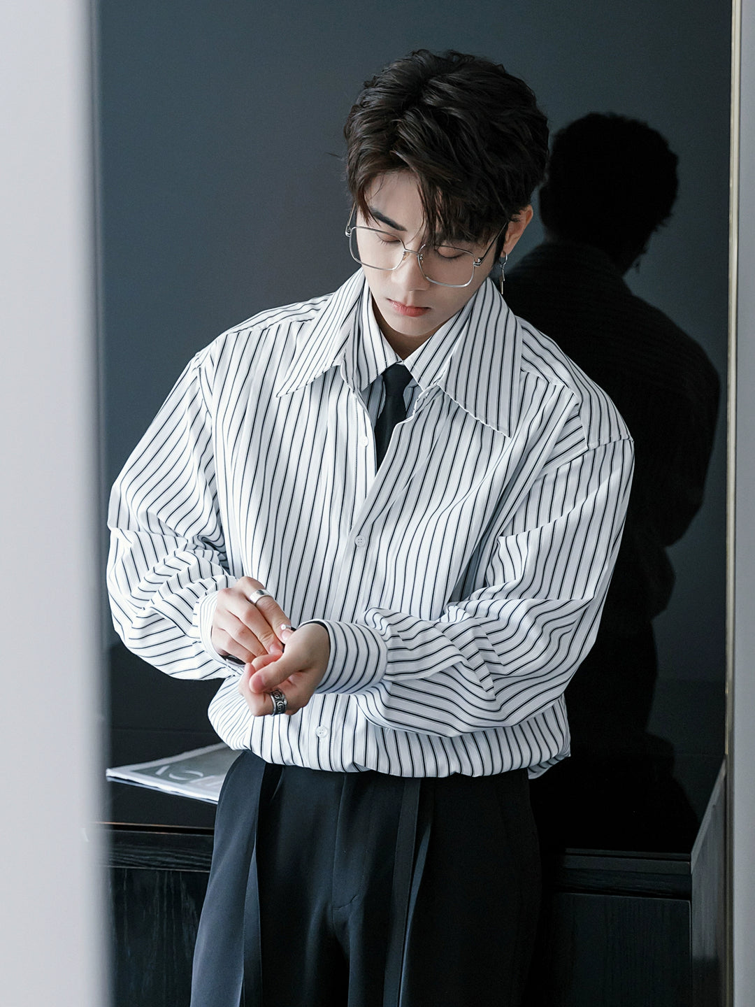 Striped Long-Sleeve Shirt with Tie