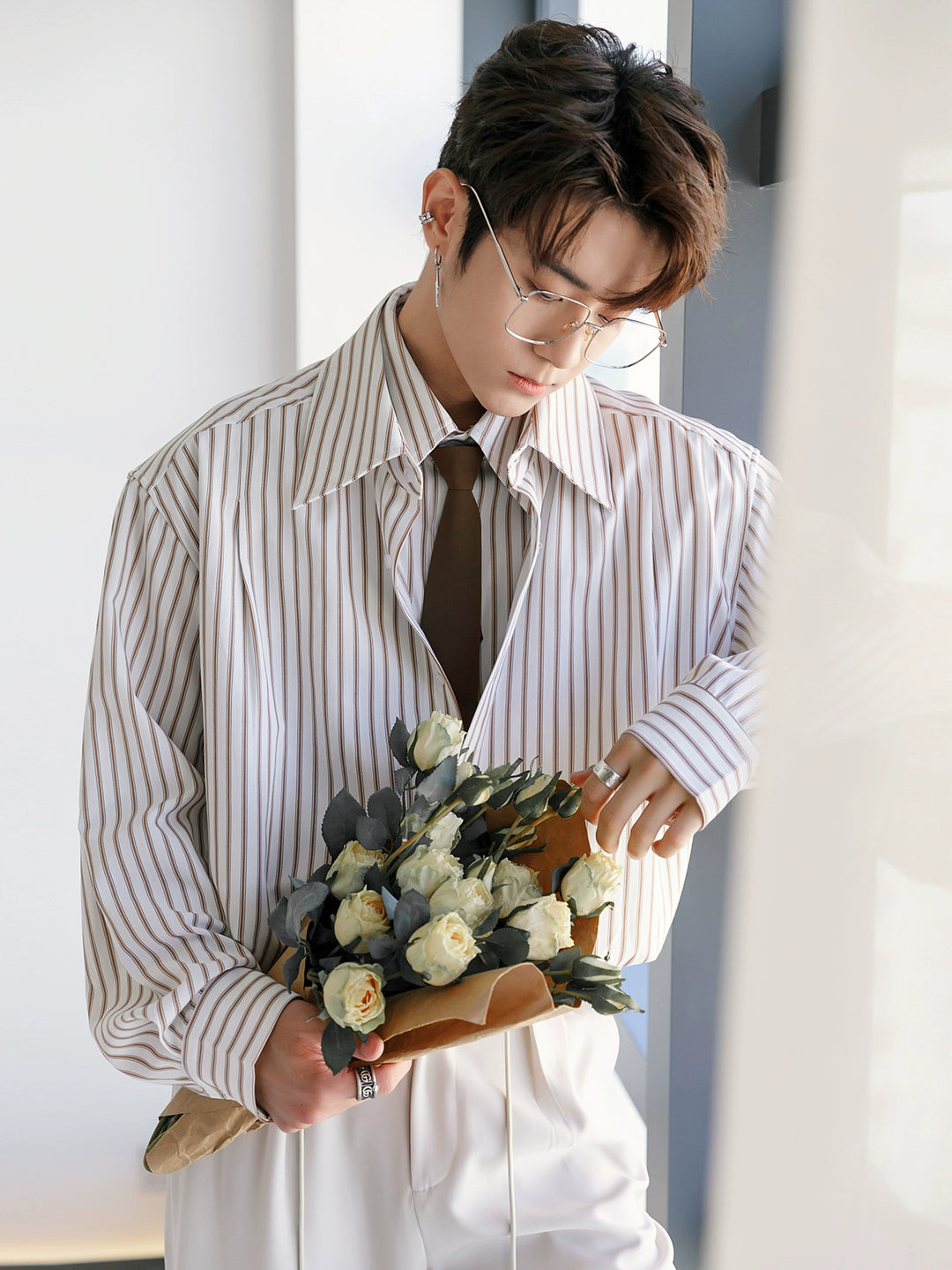 Striped Long-Sleeve Shirt with Tie