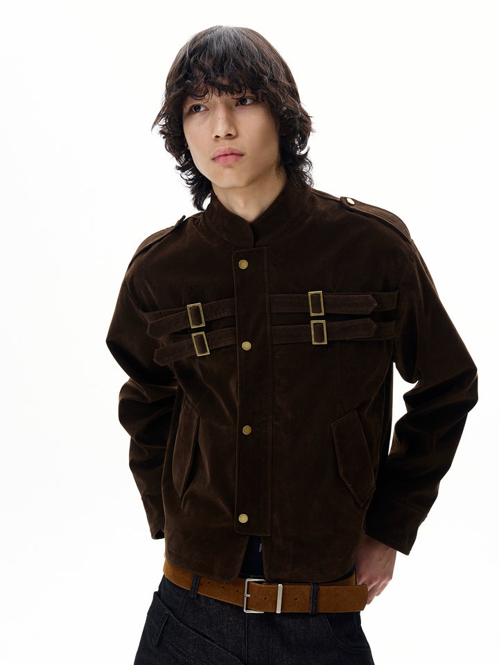 Chaqueta corta de ante retro con detalles de hebilla