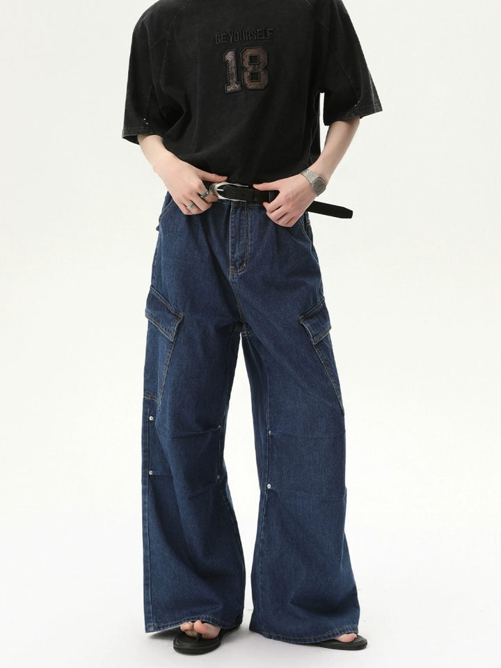Gestreepte Geplooide Riem Dubbele Zak Jeans