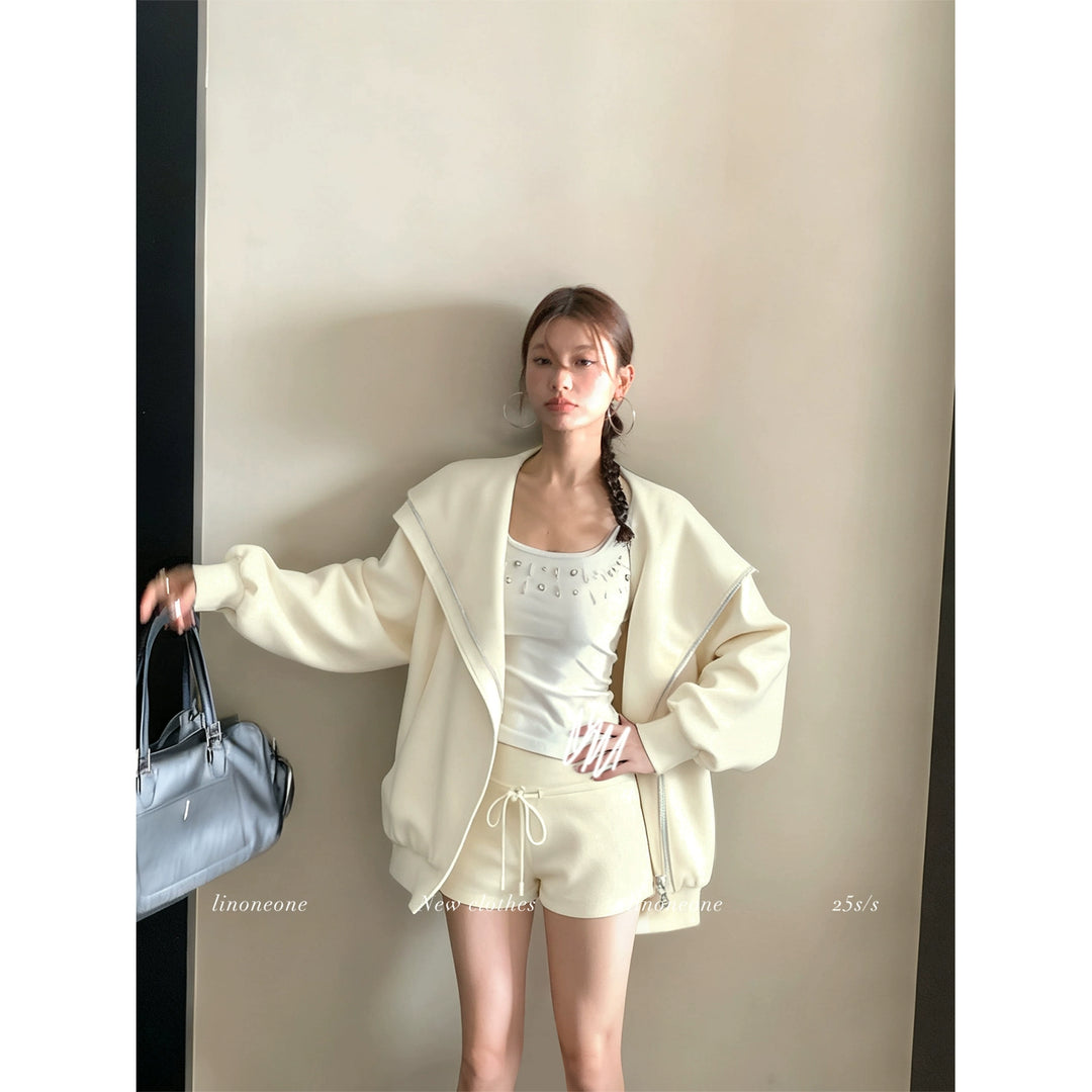 루즈 벨벳 후드 스웨트셔츠와 반바지 세트