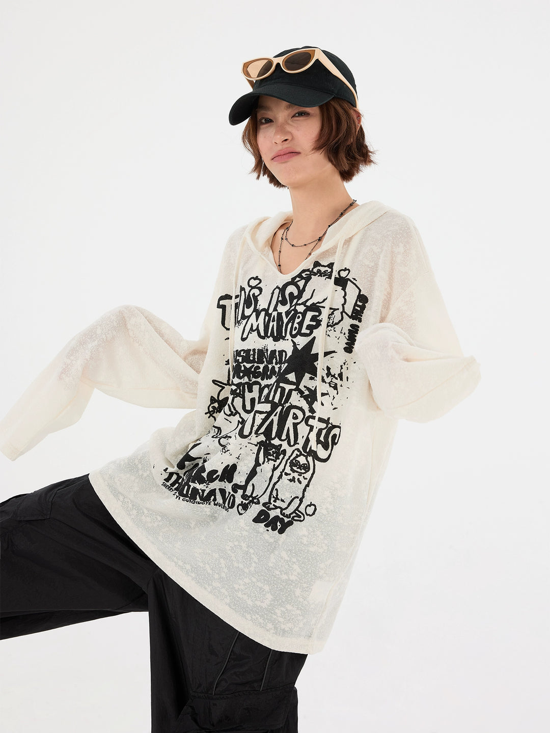Graffiti Print Hooded Sheer Turtleneck