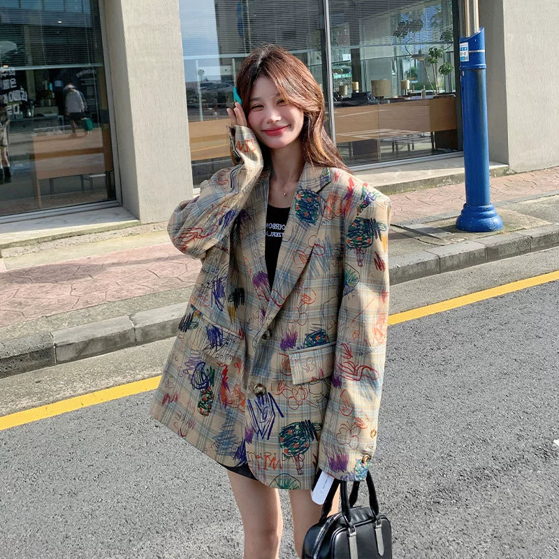 Graffiti Print Oversized Casual Suit Jacket