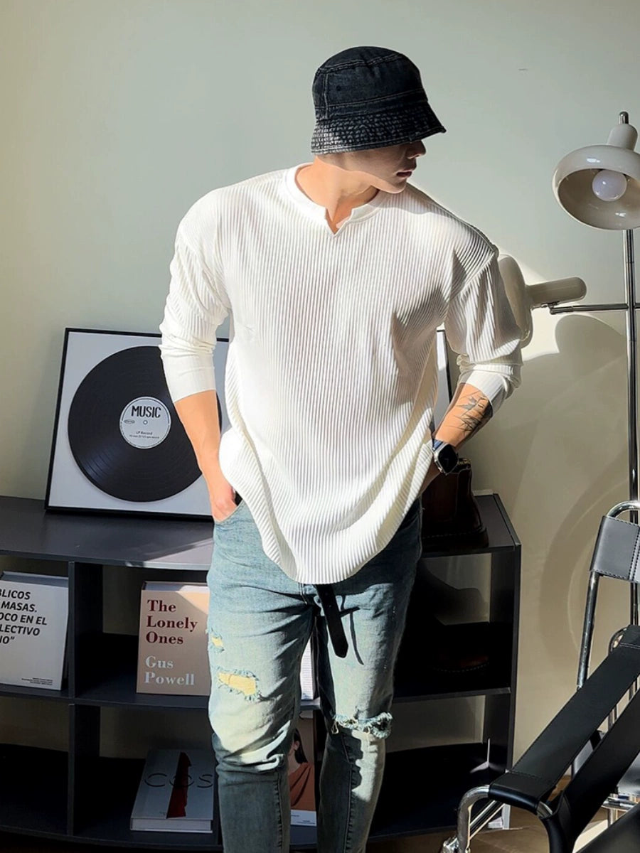 V-neck Striped Long Sleeve Casual T-Shirt