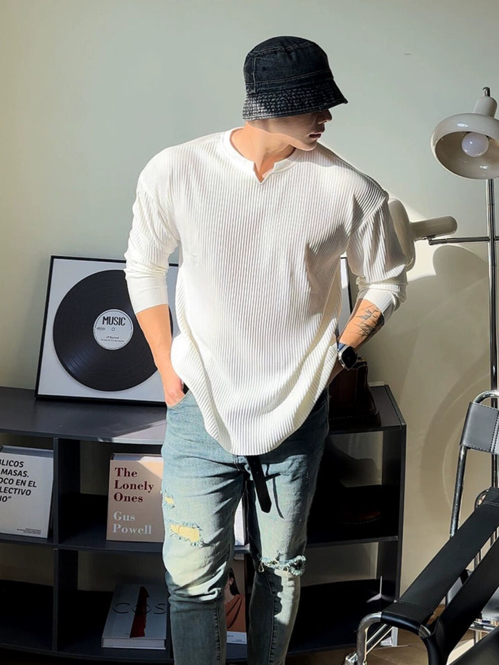 V-neck Striped Long Sleeve Casual T-Shirt