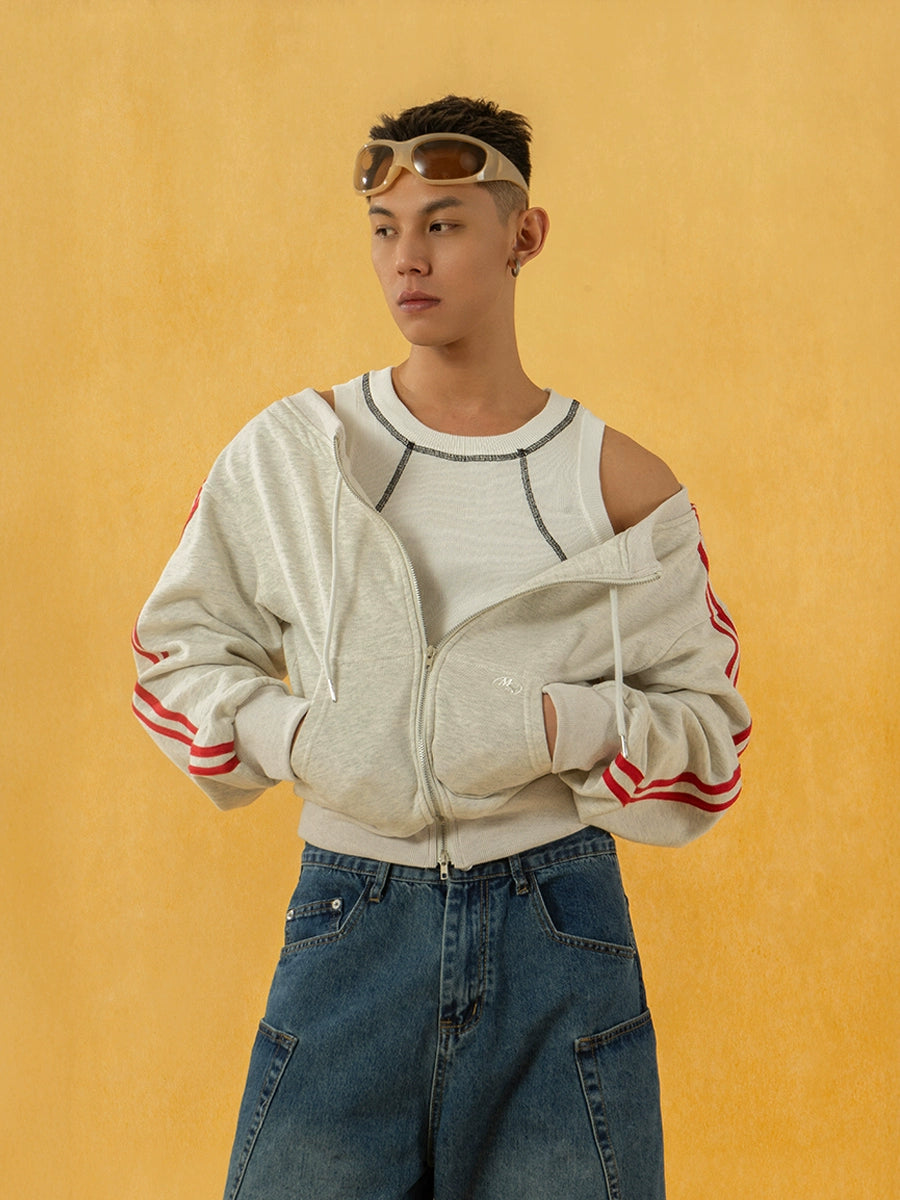 One-Shoulder Zip Up Striped Hoodie