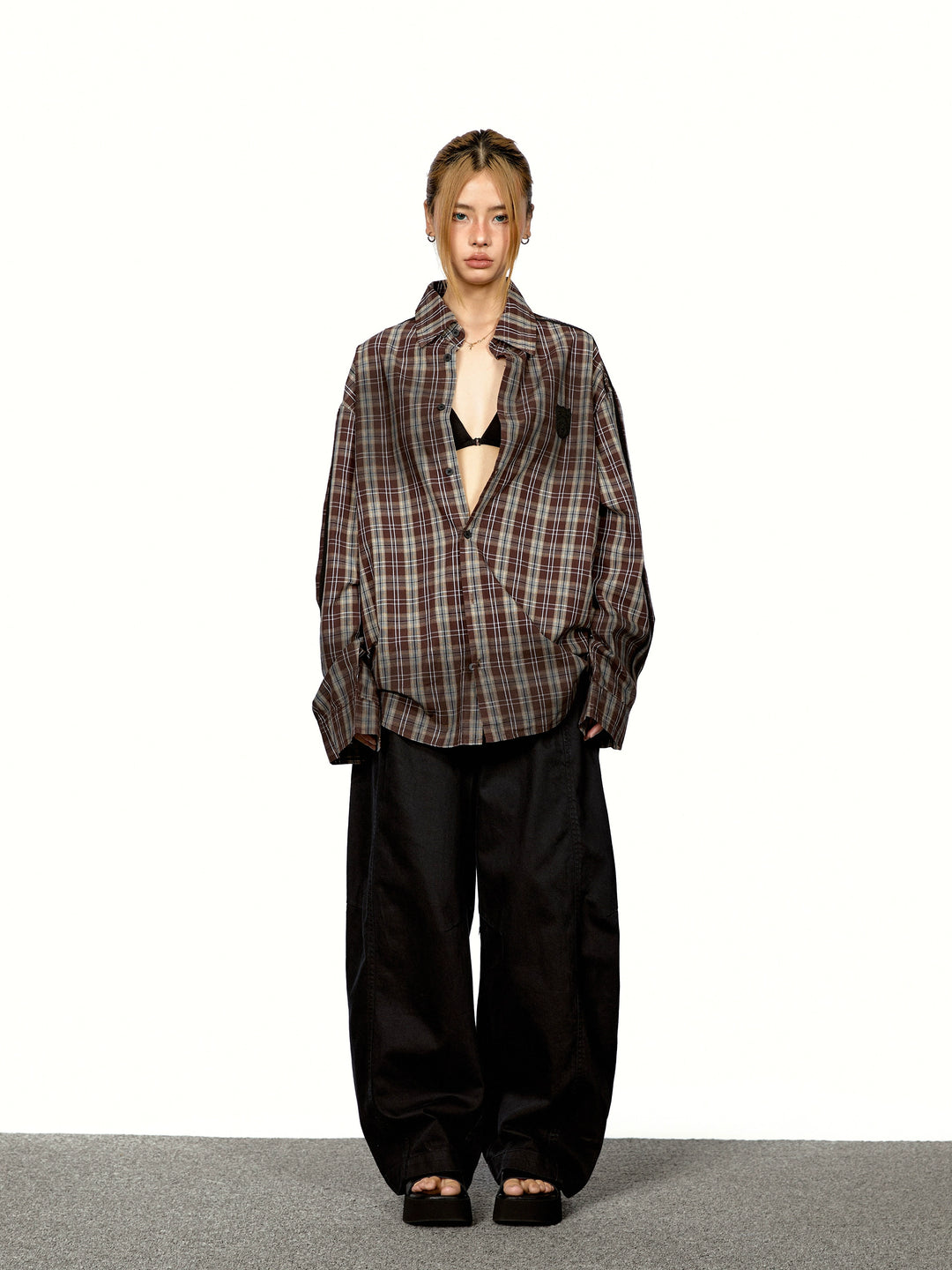 Plaid Patchwork Distressed Loose Shirt
