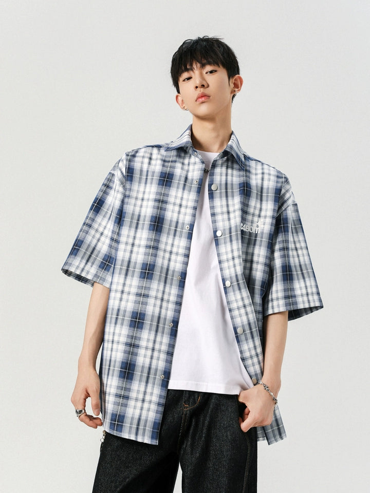 Plaid Short Sleeve Embroidered Button Shirt