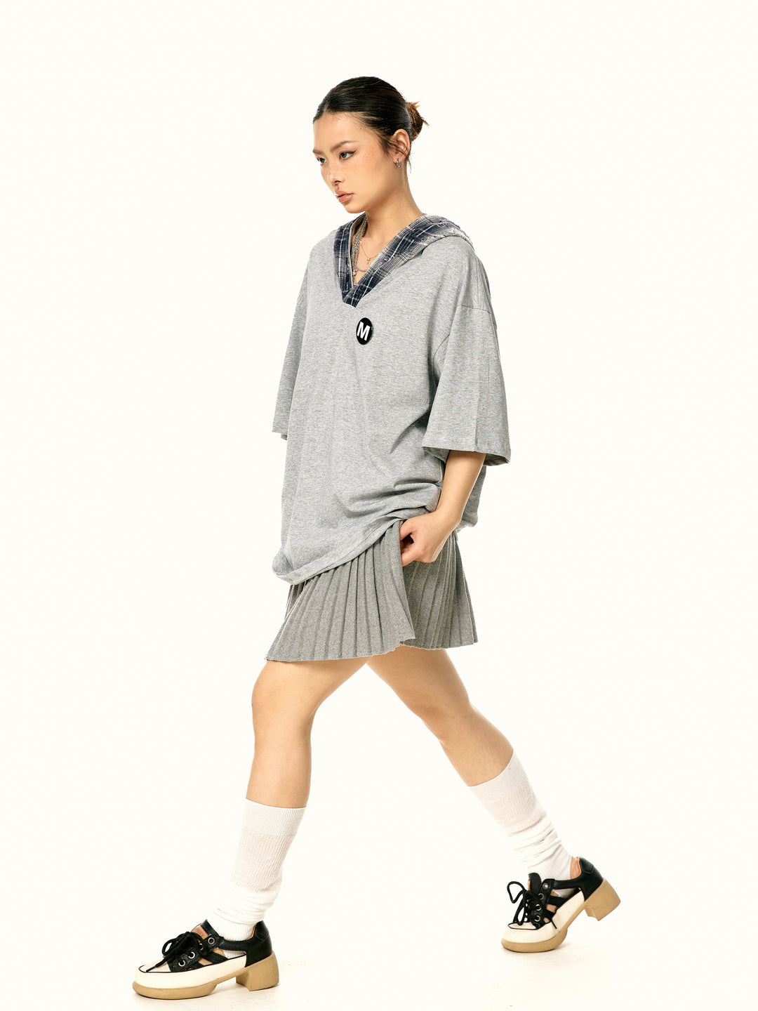 Retro Plaid Hooded Short-Sleeve Top