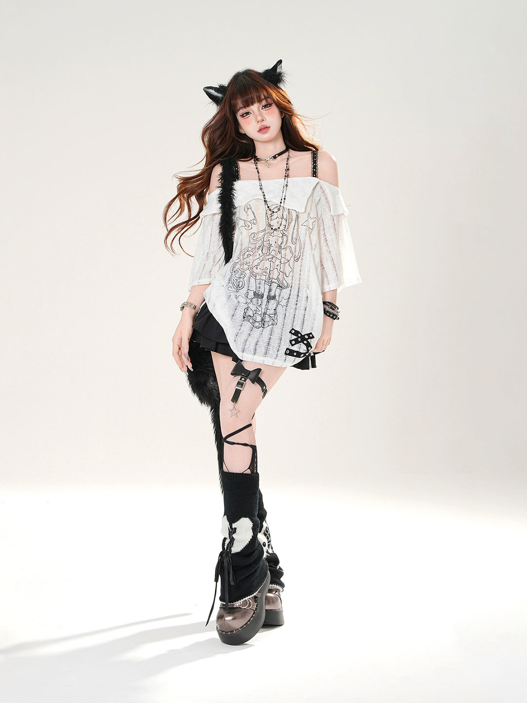 Sheer One-Shoulder Graphic Short-Sleeve Top
