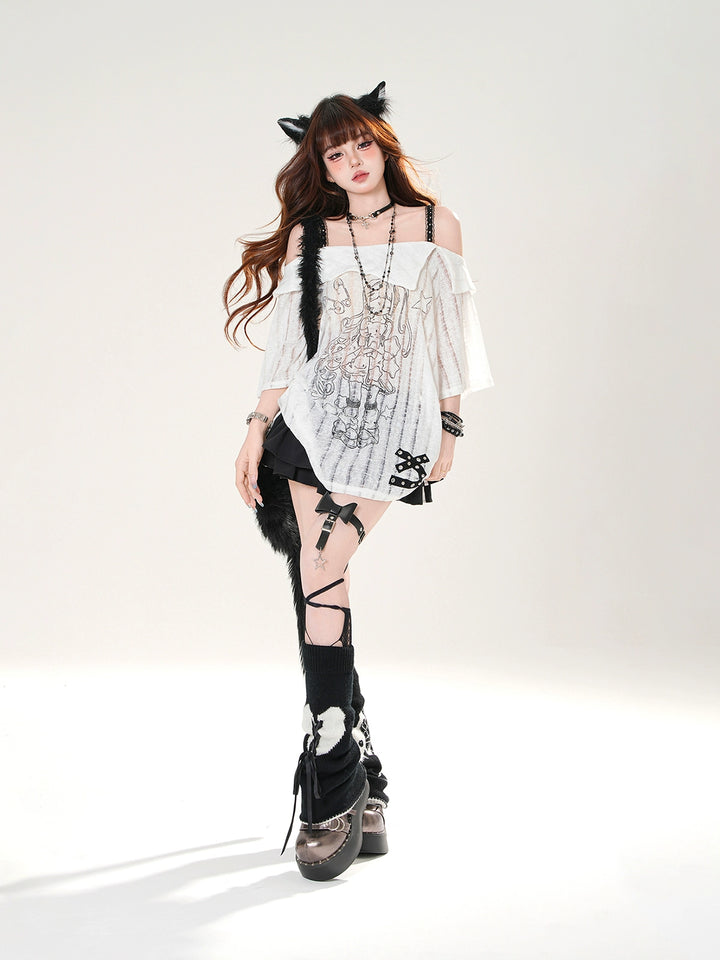Sheer One-Shoulder Graphic Short-Sleeve Top