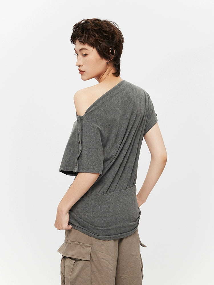 Oblique Collar Off-Shoulder Short Sleeve Top