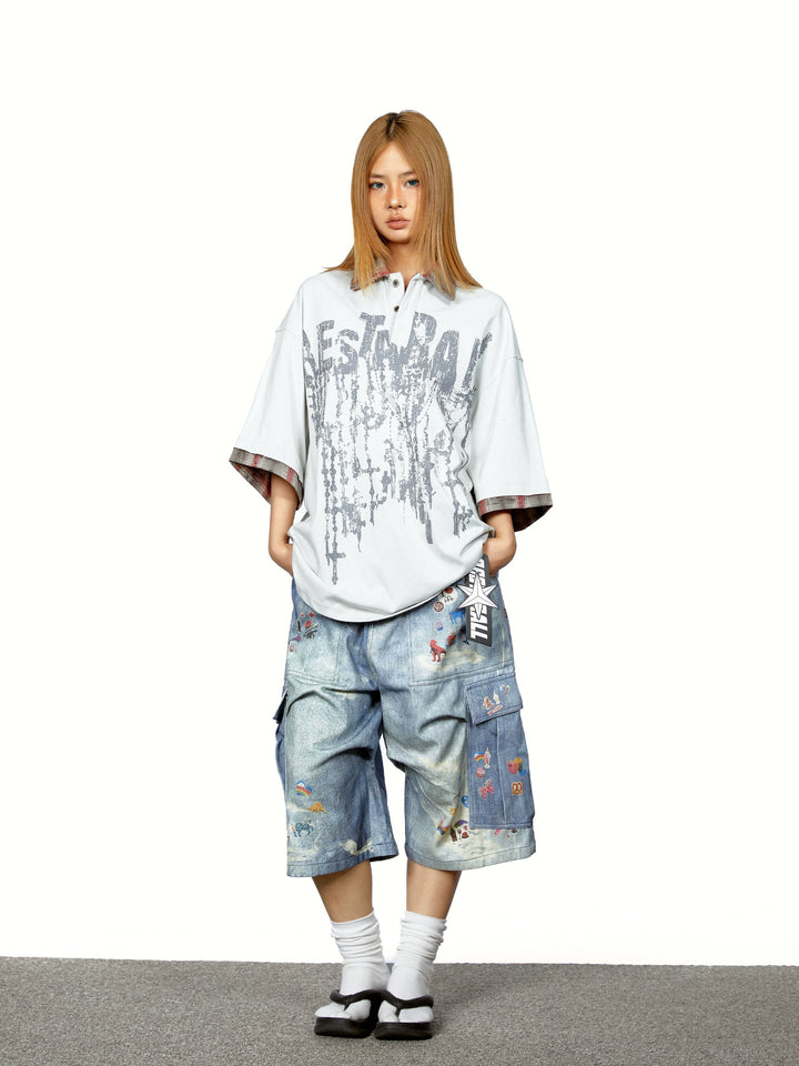 Plaid Polo Collar Graphic Loose T-Shirt