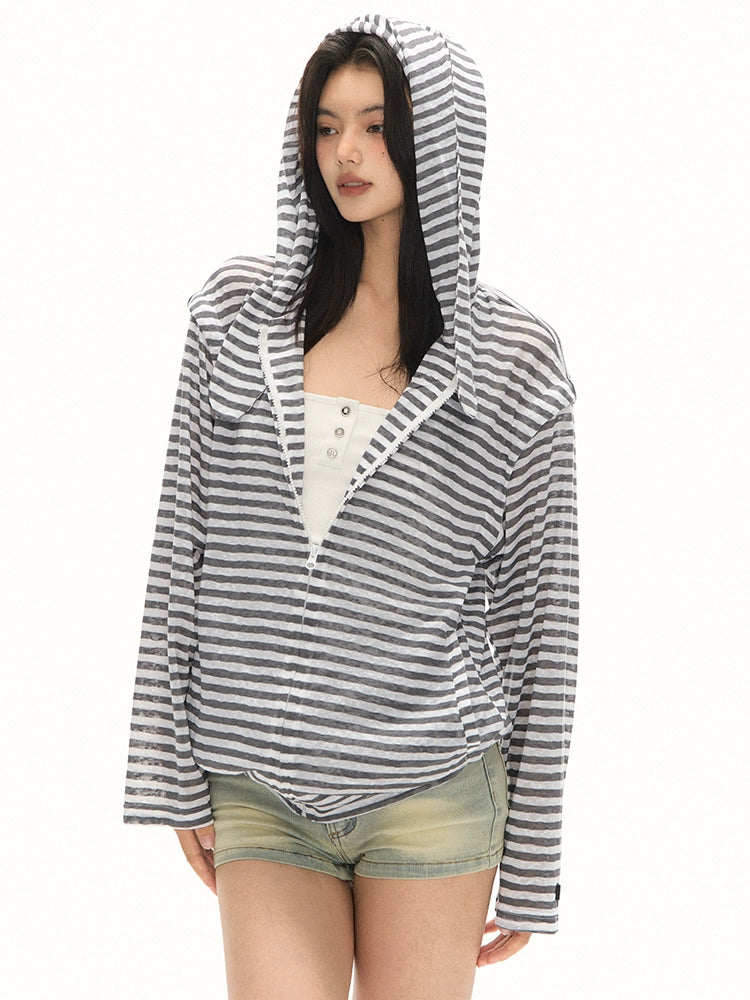 Striped Rabbit Ears Hooded Long Sleeve Top