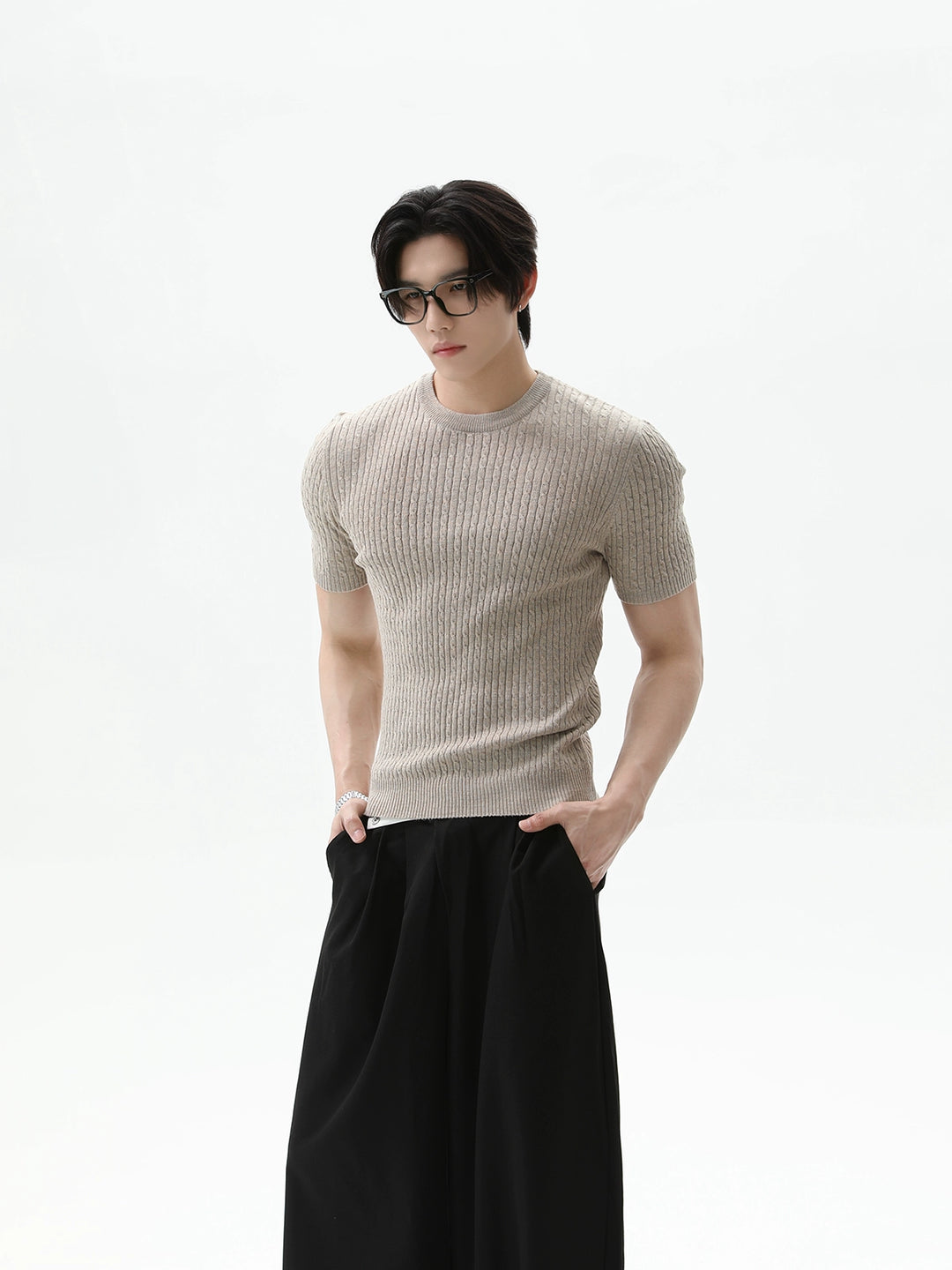 Twisted Stripe Knitted Short Sleeve Pullover