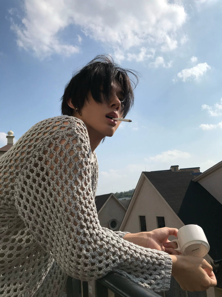 Hollow Knit V-Neck Long Sleeve Polo Shirt