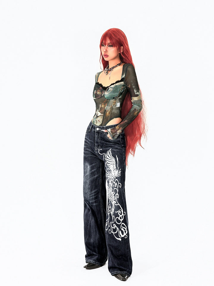 Retro Mesh Print Long Sleeve Turtleneck