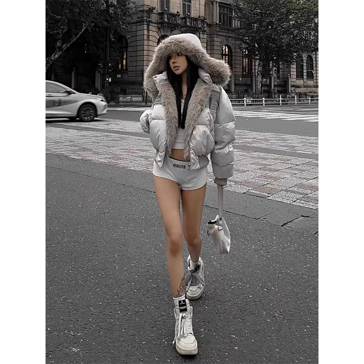 Hooded Puffer Jacket with Fur Collar