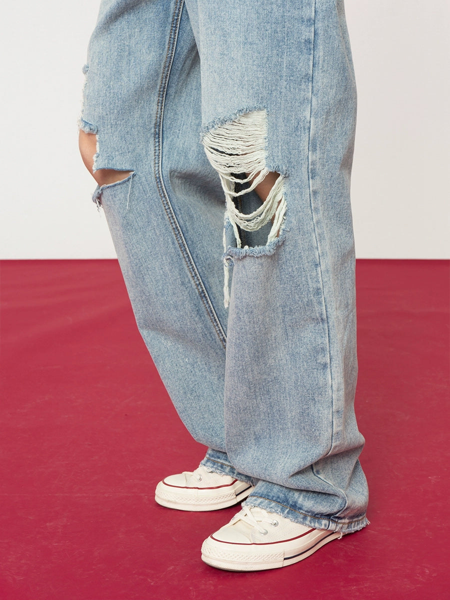 Ripped Loose Straight-Leg Washed Jeans