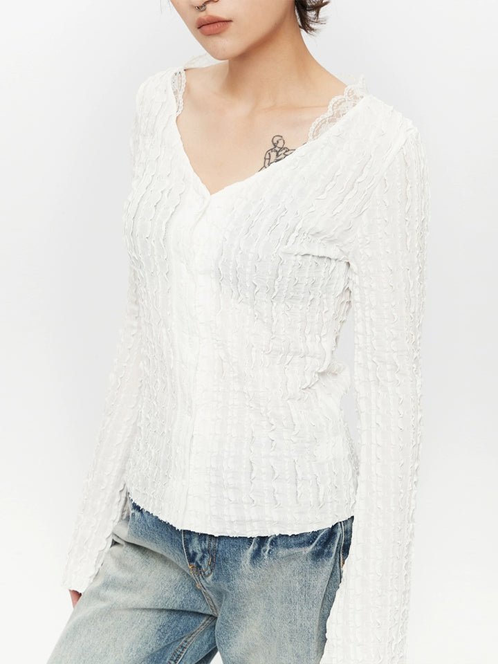 Textured V-neck Lace Long Sleeve Top