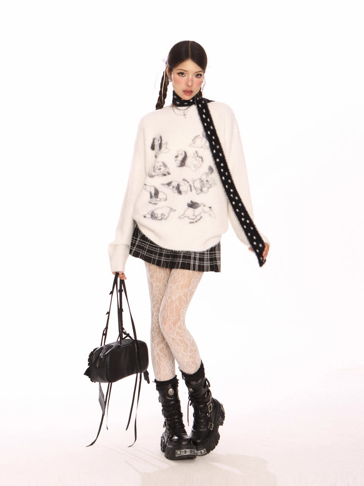 Pull en mohair avec impression de chiot et écharpe