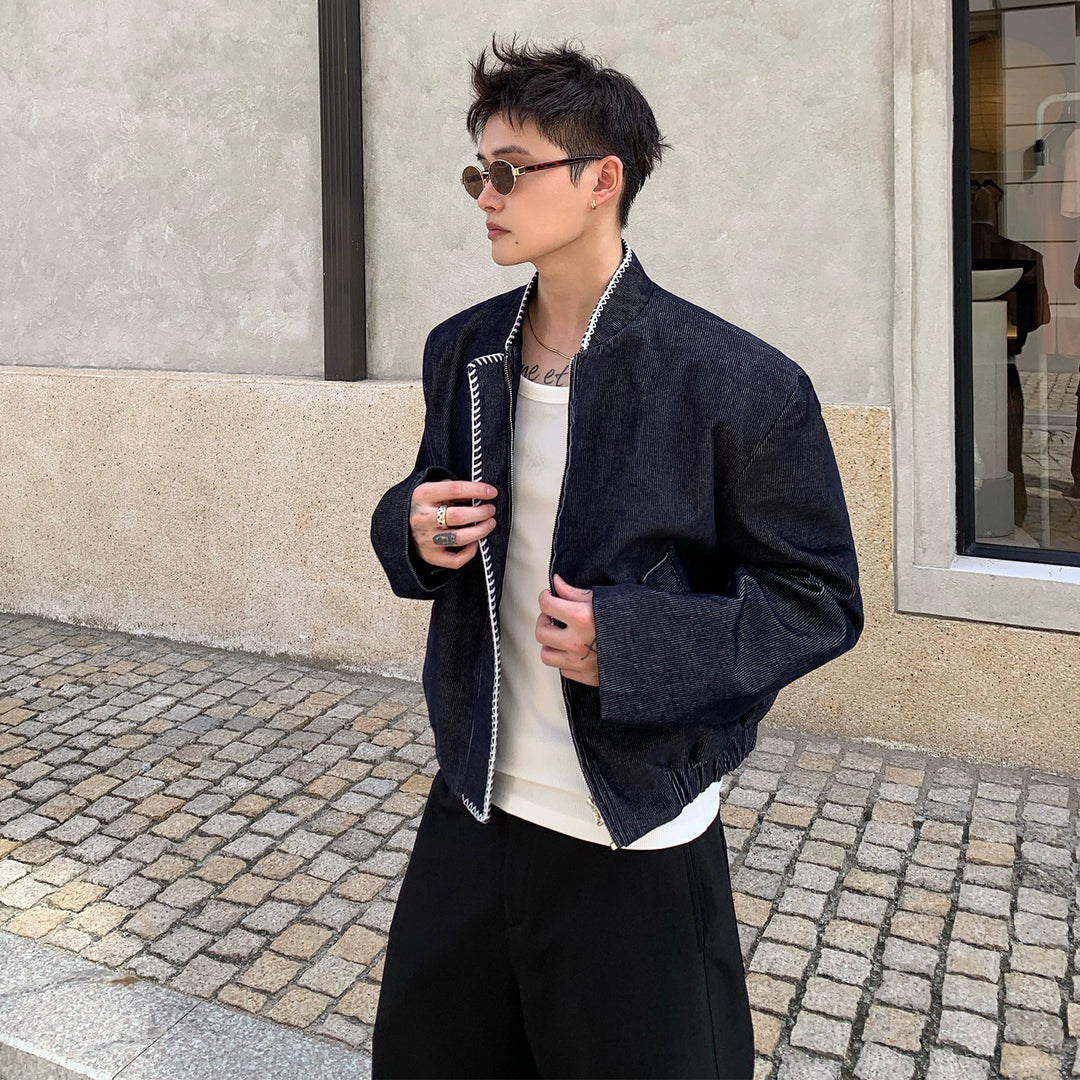 Stand Collar Quilted Denim Jacket