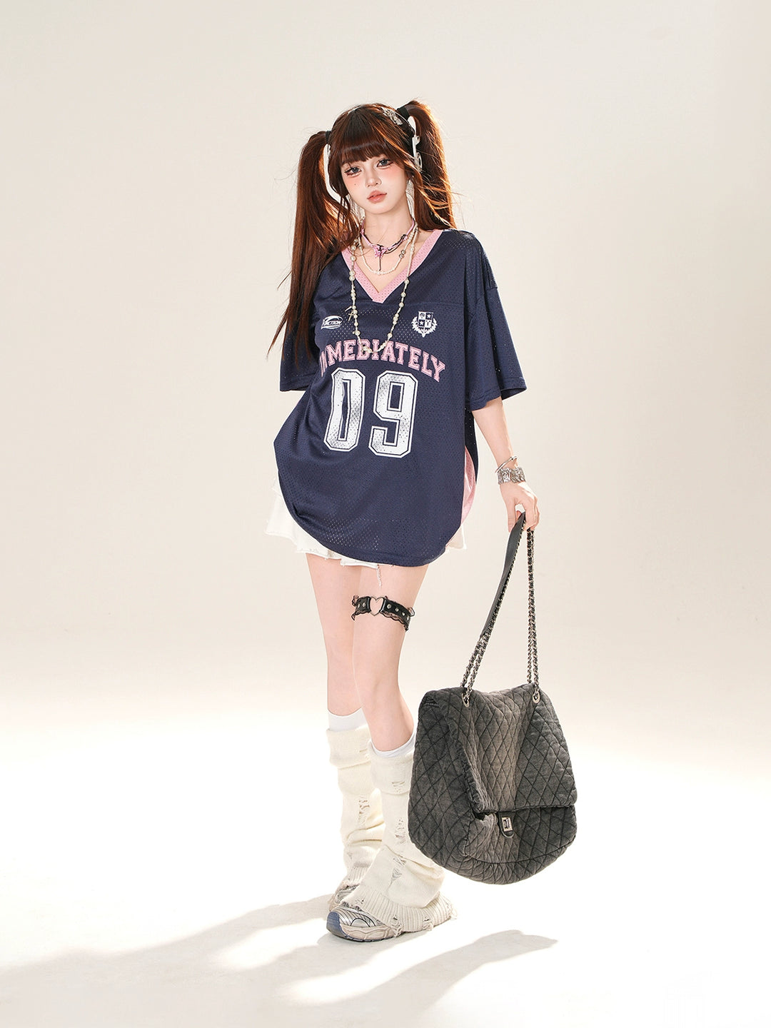 V-Neck Mesh Jersey Short Sleeve Top