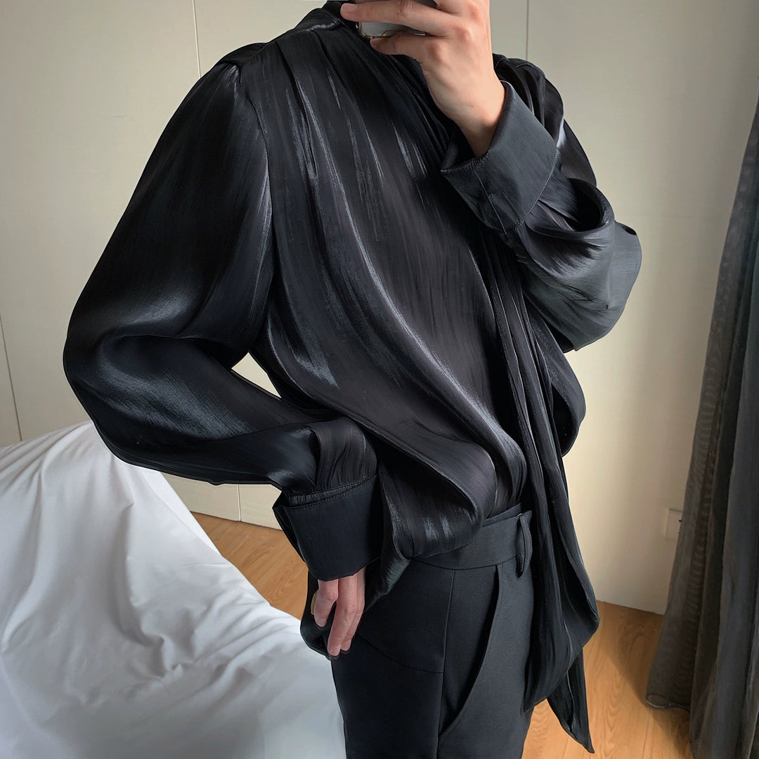 Pleated Silk Ribbon Long Sleeve Shirt