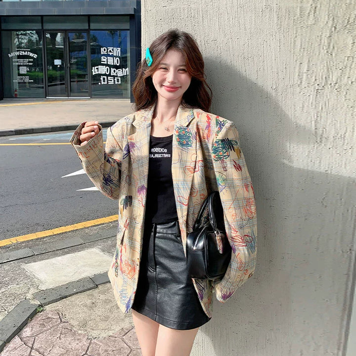 Graffiti Print Oversized Casual Suit Jacket