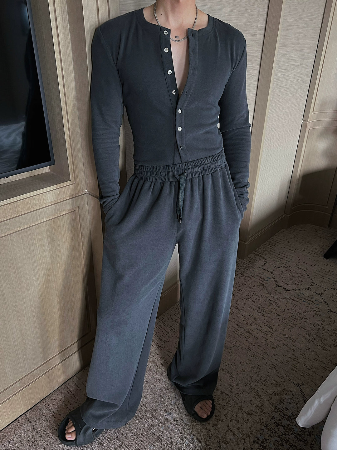 Knit Lounge Set with Button Cardigan Pants