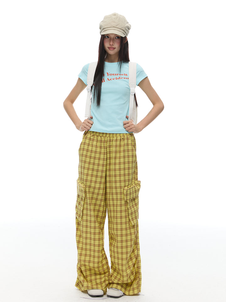 Plaid Loose Wide-Leg Cargo Pants