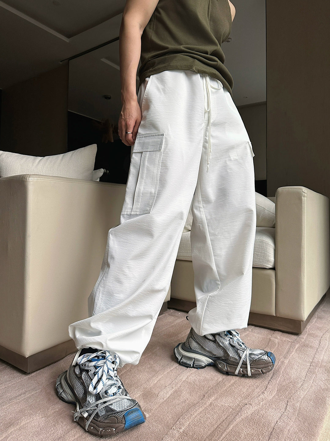 White Drawstring Cargo Pants