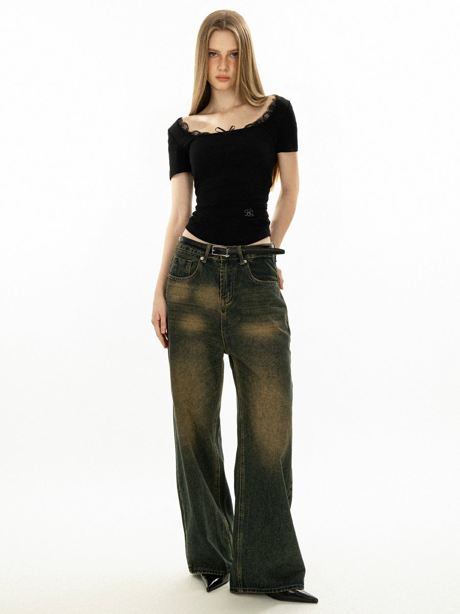 Lace Square Neck Short Sleeve Top