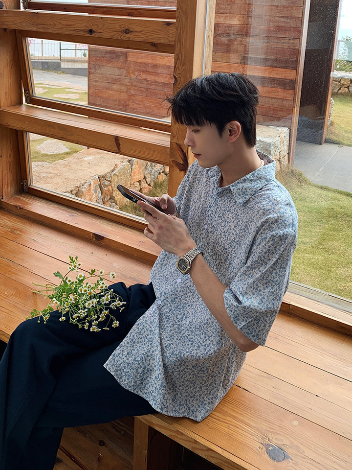Blue Short-Sleeve Floral Shirt